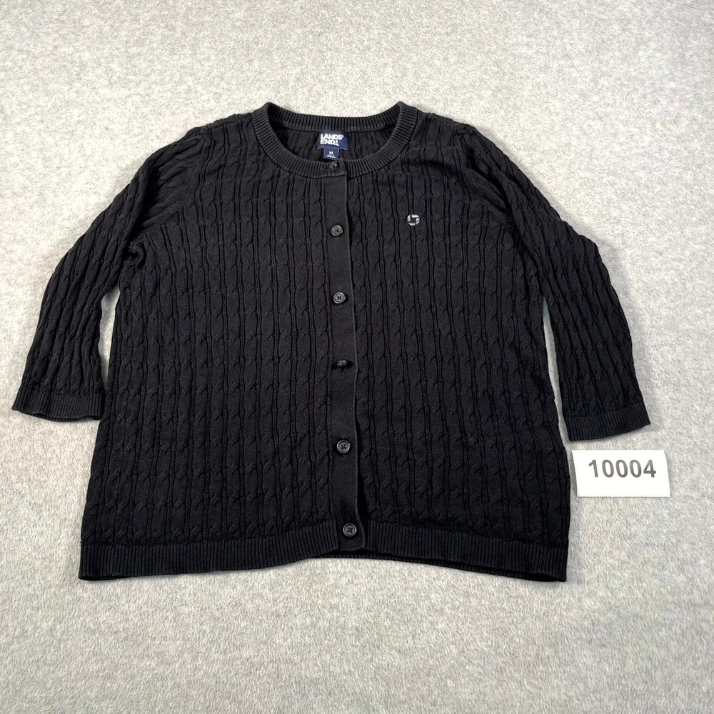 Lands' End Cardigan Sweater Kids M (10-12) Black Cable Knit Cotton Button Front